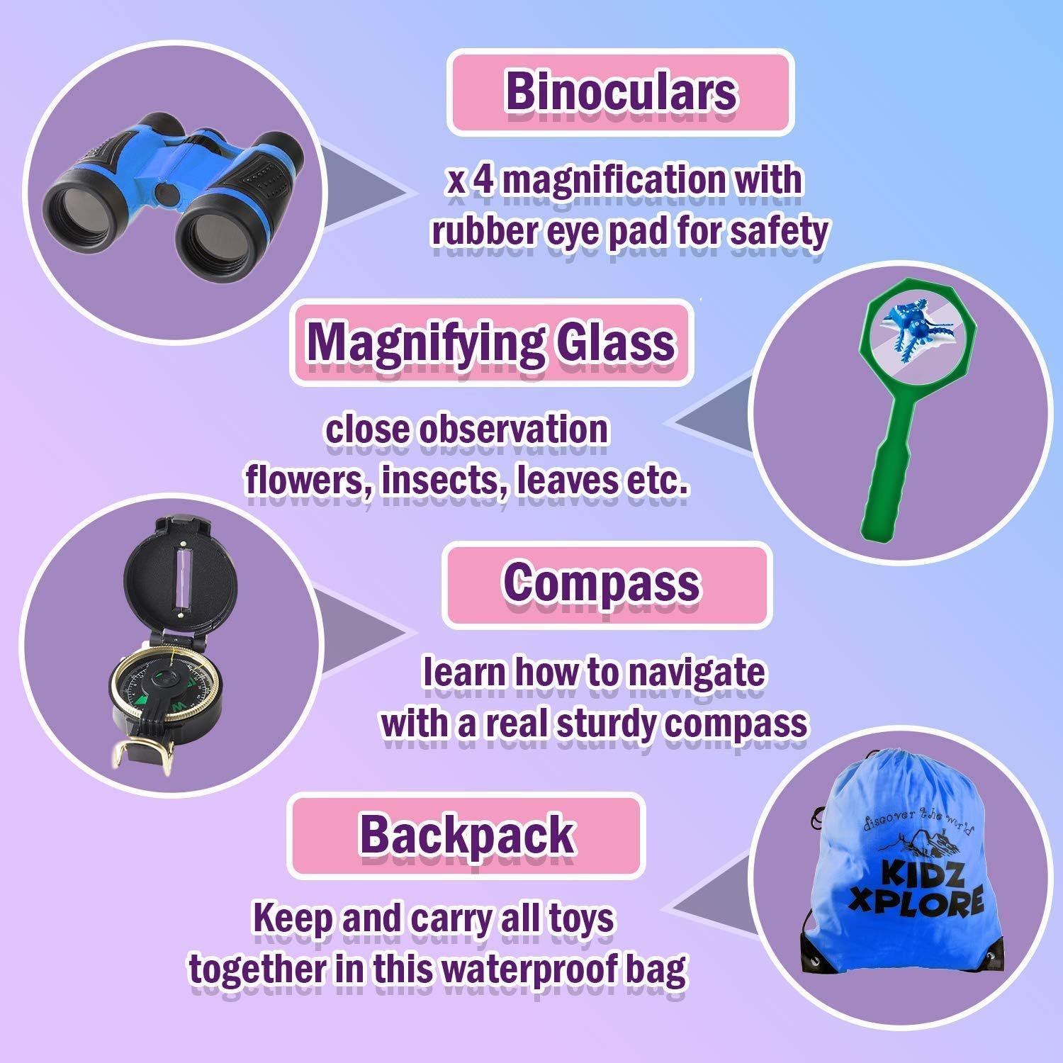 Kidz Xplore-Outdoor Explorer Set, Bug Catching Kit, Nature Exploration Children Outdoor Games Mini Binoculars Kids Compass Whistle Magnifying Glass - Image 4