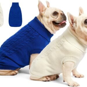 2 Pack Dog Sweaters for Small Dogs - Puppy Medium Warm Clothes in Winter, Turtleneck Pullover Design for Boy Girl Pet, Doggie, Cat, Kitten Chihuahua Bulldog Pug Beagles (XS, Blue, Beige)