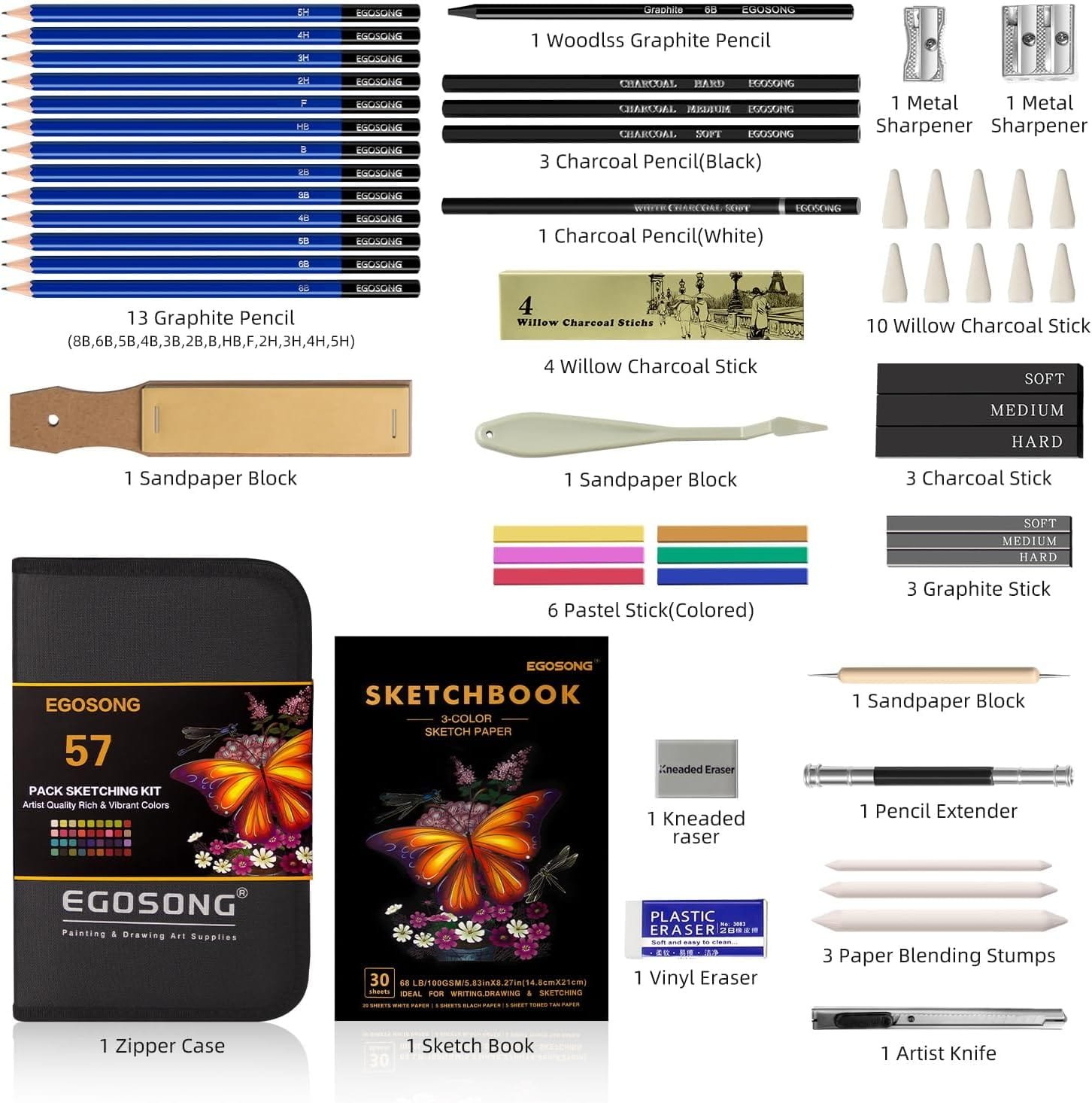 EGOSONG Drawing Set Sketch Pencils Kit,57 Pieces Sketching Supplies with 3-Color Sketchbook,Graphite,Charcoal Pencil and Sticks,Pro Art Supplies Kit for Artists Adults Teens Beginners Kids - Image 4