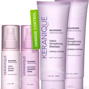 Keranique Damage Control Set for Thinning Hair - Shampoo & Conditioner for Damaged Hair, Follicle Booster Serum, Lift & Repair Spray - Keratin Enriched Repair Products for Dry, Thin Hair - Travel Size