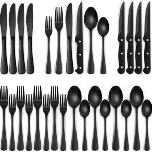 24-Piece Black Silverware Set with Steak Knives, Black Flatware Set for 4, Food-Grade Stainless Steel Tableware Cutlery Set, Mirror Finished Utensil Sets for Home Restaurant