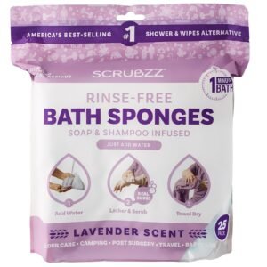 Scrubzz Disposable No Rinse Bathing Wipes - 25 Pack - All-in-1 Single Use Shower Wipes, Simply Dampen, Lather, and Dry Without Shampoo or Rinsing (Lavender, 1-Pack)