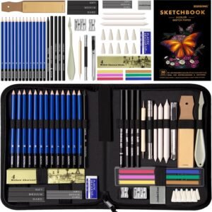 EGOSONG Drawing Set Sketch Pencils Kit,57 Pieces Sketching Supplies with 3-Color Sketchbook,Graphite,Charcoal Pencil and Sticks,Pro Art Supplies Kit for Artists Adults Teens Beginners Kids