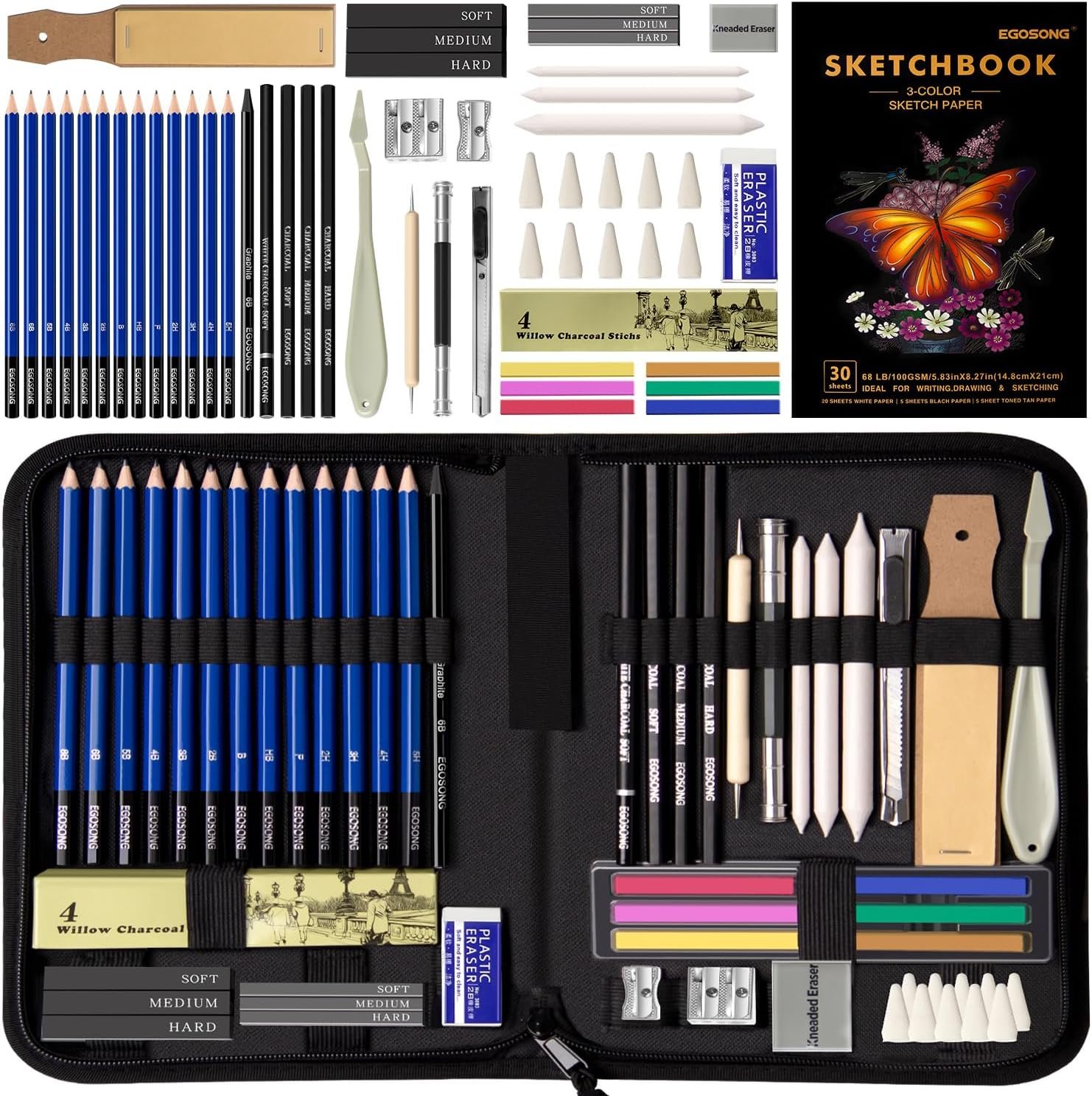 EGOSONG Drawing Set Sketch Pencils Kit,57 Pieces Sketching Supplies with 3-Color Sketchbook,Graphite,Charcoal Pencil and Sticks,Pro Art Supplies Kit for Artists Adults Teens Beginners Kids