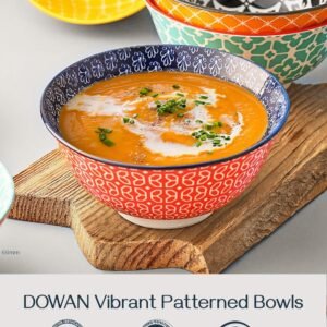 DOWAN Soup Bowls Set of 6, Cereal Bowls for Kitchen, 23 OZ Large Ceramic Bowl, Colorful Vibrant Patterned Porcelain Bowls for Kitchen Decor and Housewarming Gift, Dishwasher and Microwave Safe