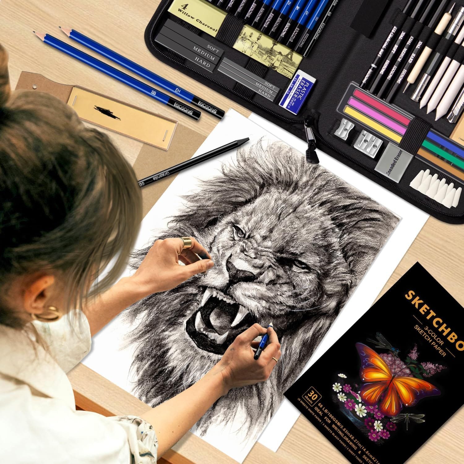 EGOSONG Drawing Set Sketch Pencils Kit,57 Pieces Sketching Supplies with 3-Color Sketchbook,Graphite,Charcoal Pencil and Sticks,Pro Art Supplies Kit for Artists Adults Teens Beginners Kids - Image 2