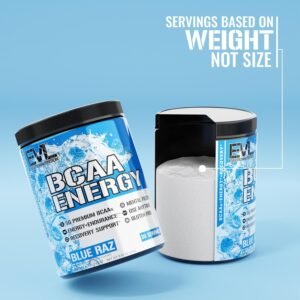EVL BCAAs Amino Acids Powder - BCAA Energy Pre Workout Powder for Muscle Recovery Lean Growth and Endurance - Rehydrating BCAA Powder Post Workout Recovery Drink with Natural Caffeine - Blue Raz