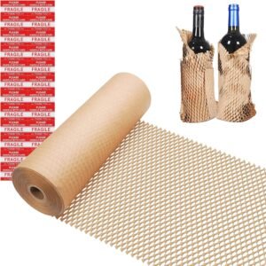 Honeycomb Packing Paper Wrap 12"x200' Sustainable Alternative to Bubble Wrap for Moving Shipping/Gift, Biodegradable & Fully Recyclable Bubble Paper Wrapping with 20 Fragile Sticker.