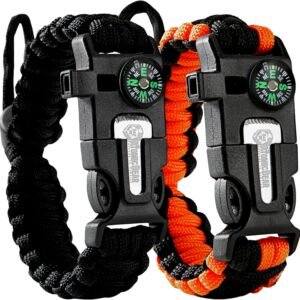 Atomic Bear Paracord Bracelet (2 Pack) - Adjustable - Fire Starter - Loud Whistle - Perfect for Hiking, Camping, Fishing and Hunting - Black & Black+Orange