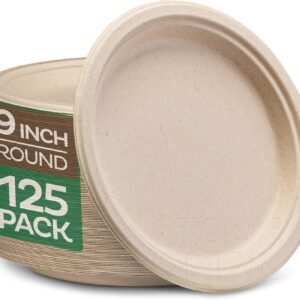 100% Compostable Paper Plates, Heavy Duty Disposable Plates [125-Pack] 9 Inch Plates - Eco-Friendly, Biodegradable Sugarcane Bagasse, Natural Unbleached Brown 9" Dinner Paper Plate Disposable